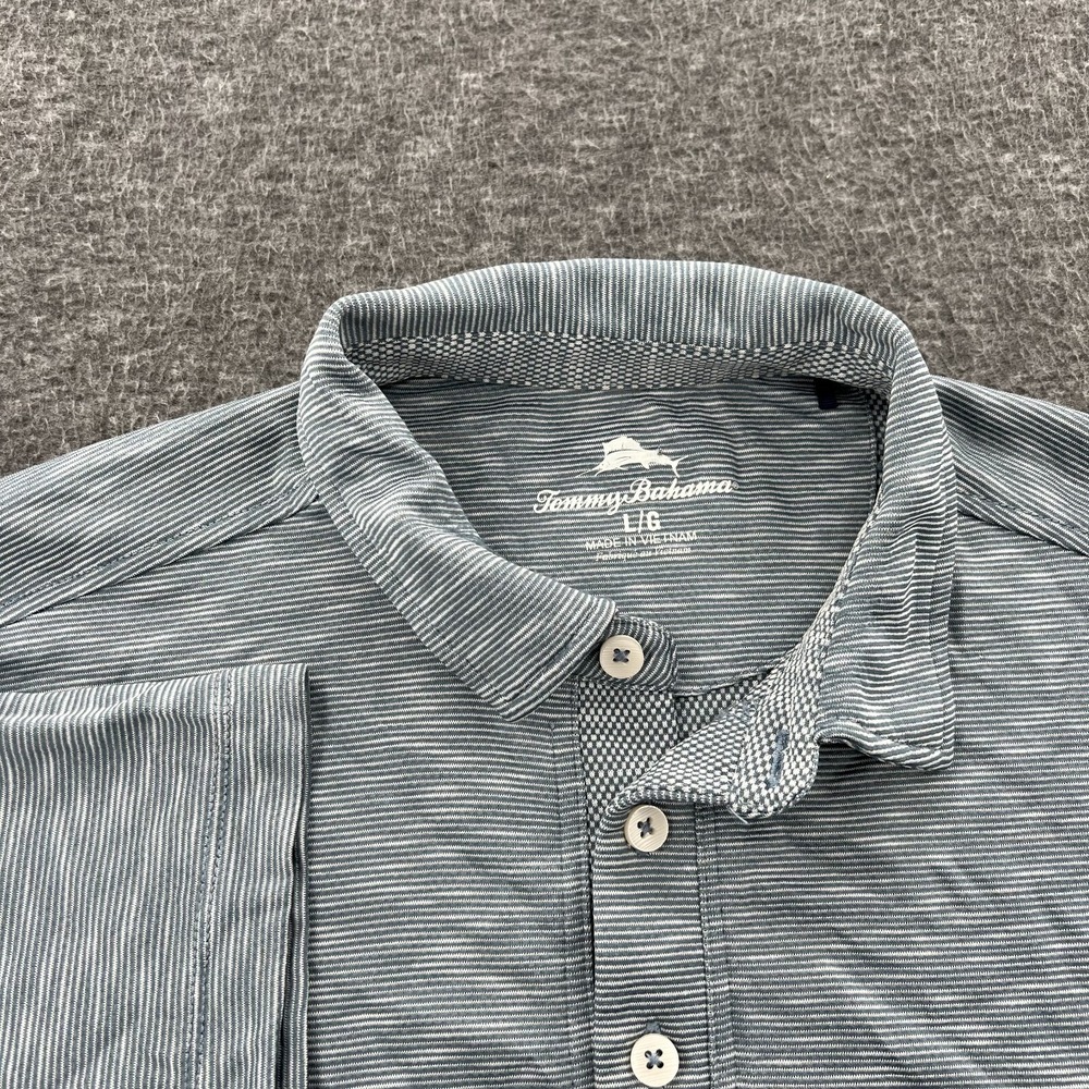 Tommy Bahama Polo Shirt Mens L Striped Heathered Gray Beach Vacation Embroidered